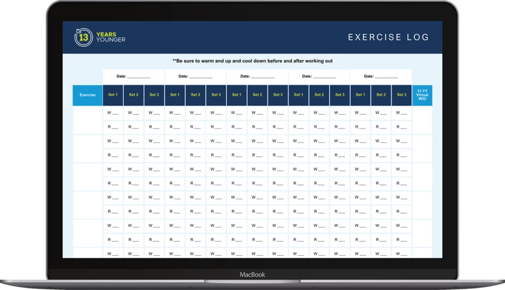 13 Years Younger Exercise Log displayed on a laptop computer